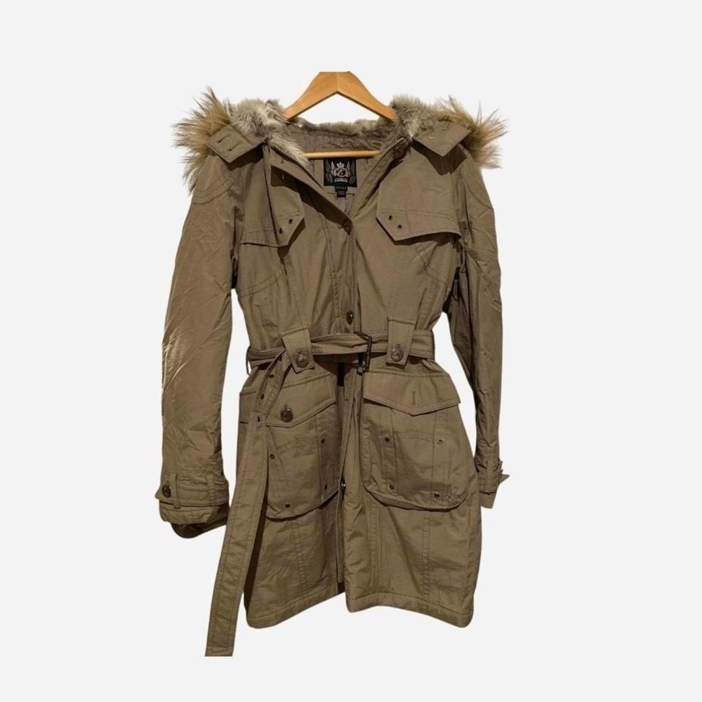 Esprit Parka Jacket Women Large Khaki Tan Excellent Belted Faux Fur Hood Utility